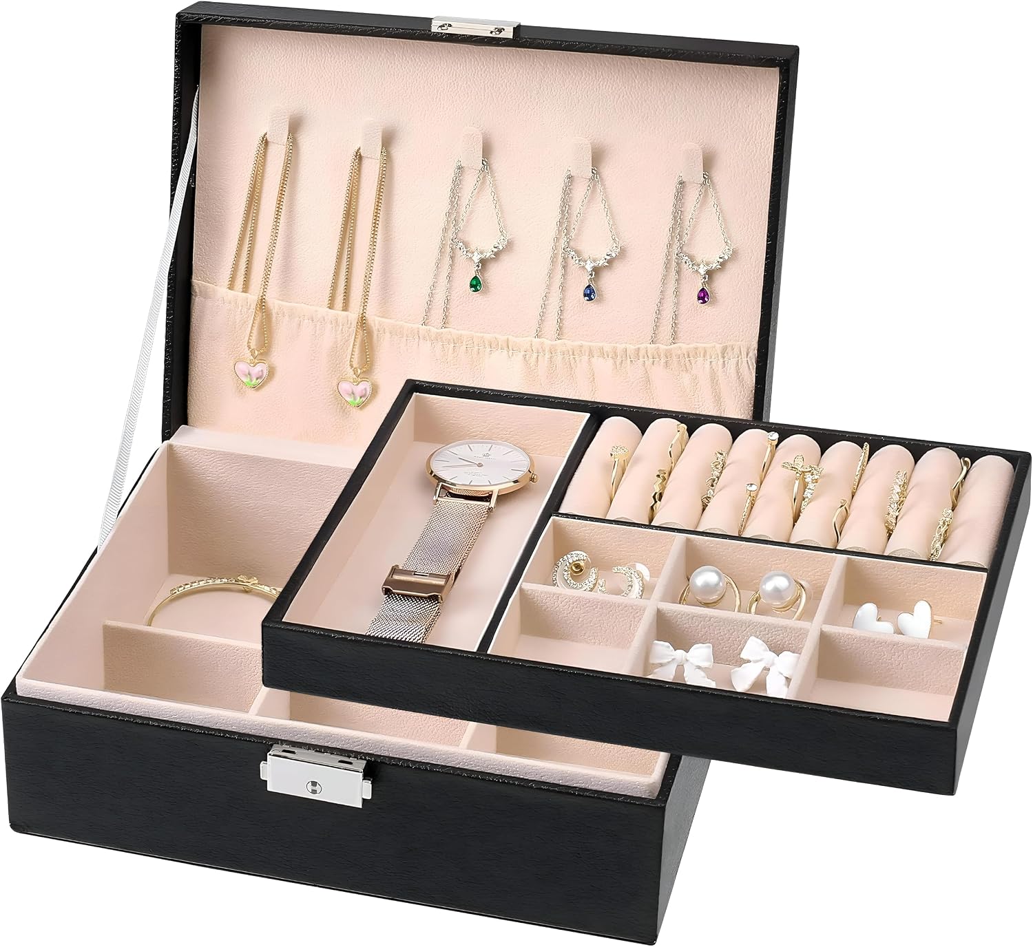 81WYBeMr6-L._AC_SL1500_ صندوق منظم اكسسوارات - حاوية تخزين مجوهرات من طابقين للنساء، هدية قيمة مع صينية قابلة للازالة لجميع مجوهراتك، جلد صناعي - الصورة 3
