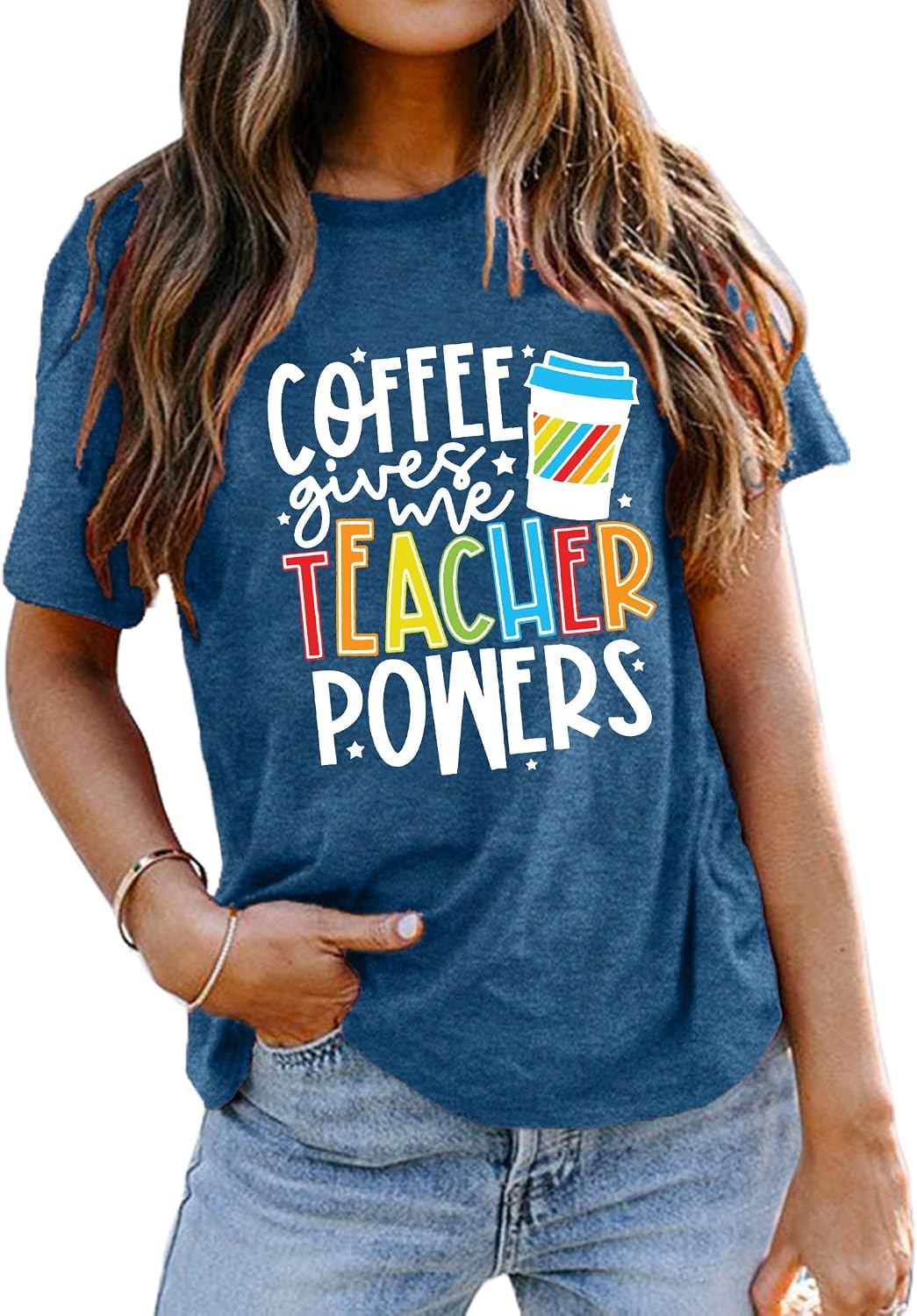 81bvnUUK4ZL._AC_SL1500_ تيشرتات المعلمين للنساء، تي شيرت مطبوع عليه عبارة «Coffee Give Me Teacher Powers» - الصورة 2