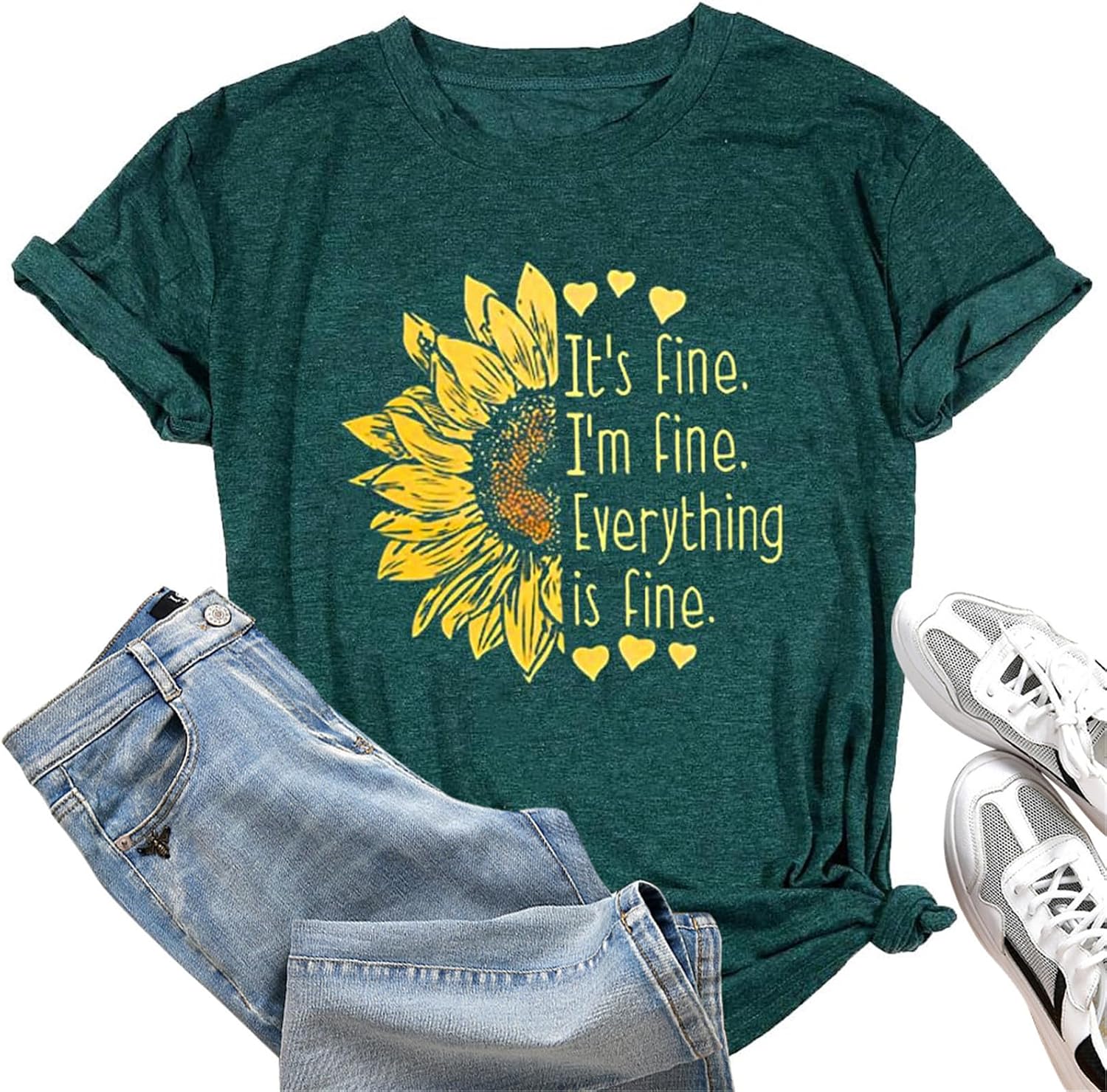 تي شيرت كاجوال باكمام قصيرة ورقبة دائرية ضيقة مطبوع عليه عبارة Its Fine Im Fine Everything is Fine