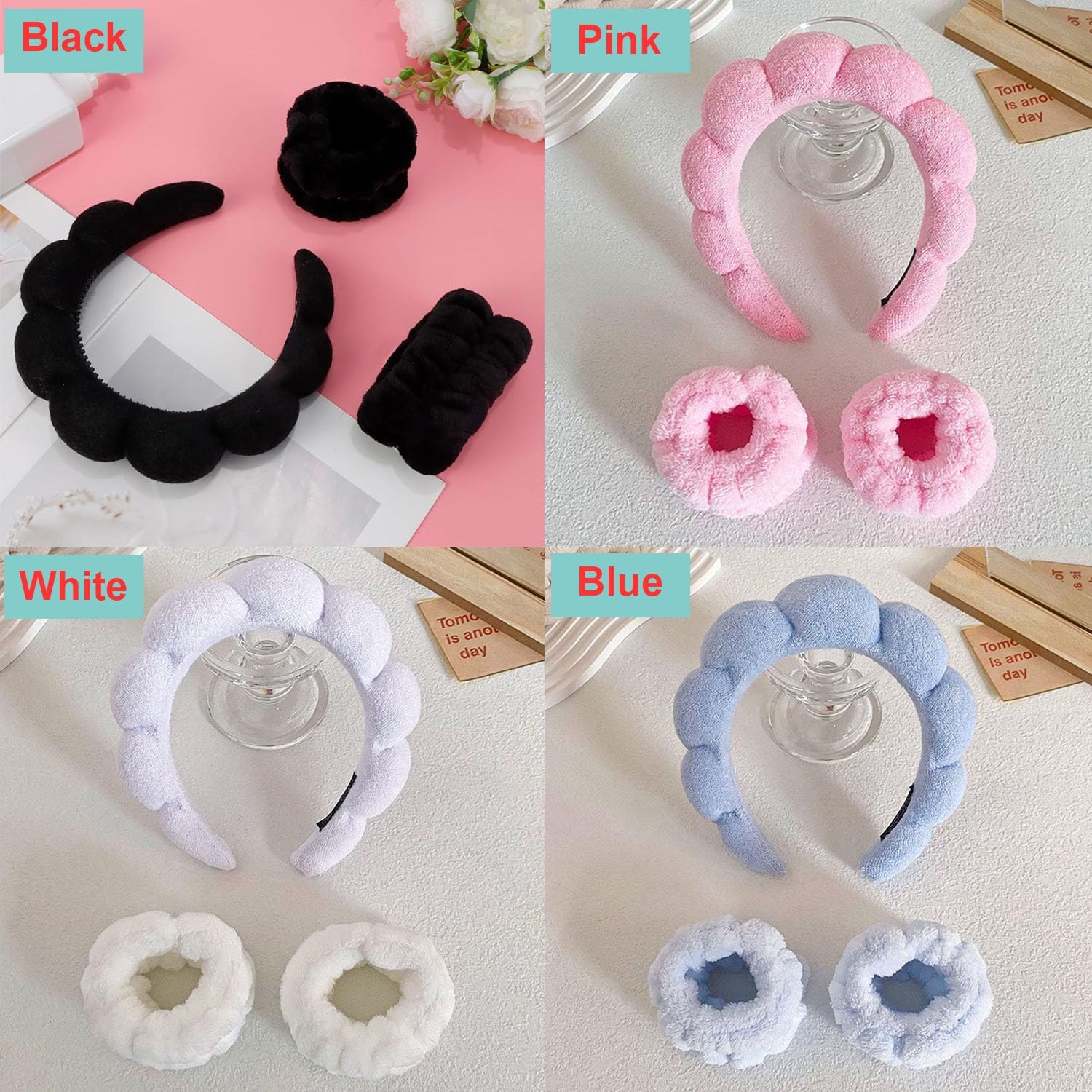 81tZOuTJjiL._AC_SL1500_ شريط راس اسفنجي للنساء من بايفانكوديل، شريط راس اسفنجي للمنتجعات الصحية، قطعتان من شريط راس للمعصم، شريط راس للمكياج لغسل الوجه والشعر والعناية بالبشرة للسبا والاستحمام، اساور معصم اسفنجية (اسود) - الصورة 3