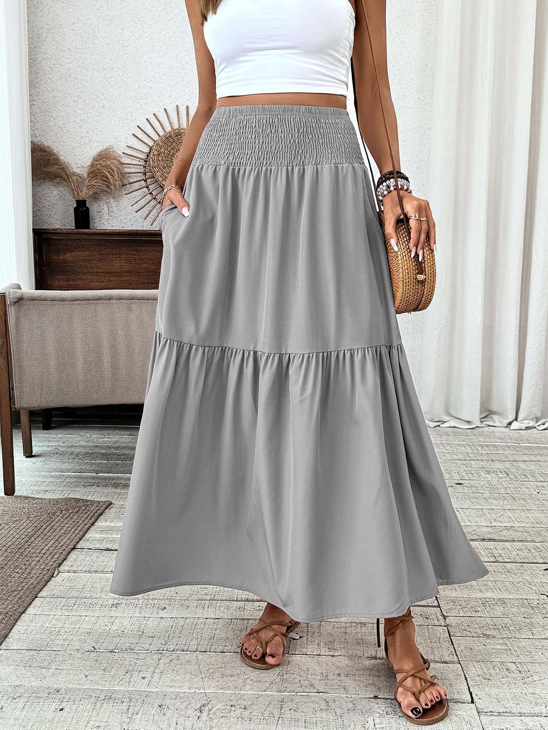 81tsD8dBJbL._AC_SL1500_ تنورة ماكسي بخصر مرتفع وتصميم كاجوال بوهو بقصة ايه لاين مع جيوب للنساء - الصورة 3