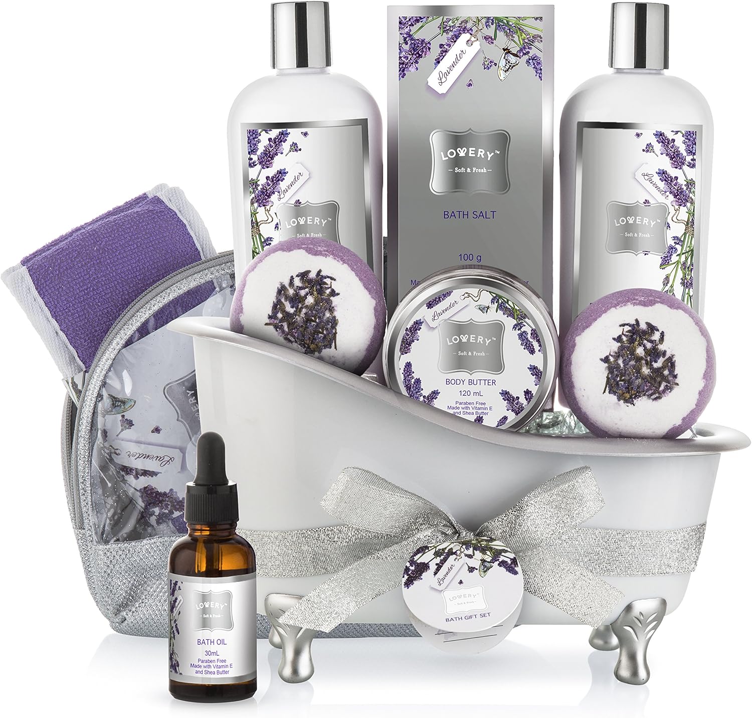 LOVERY Bath Gift Basket Set for Women: Relaxing at Home Spa Kit Scented - Lavender and Jasmine with Large Bath Bombs, Salts, Shower Gel, Body Butter Lotion, Bath Oil, Bubble Bath, Loofah & More