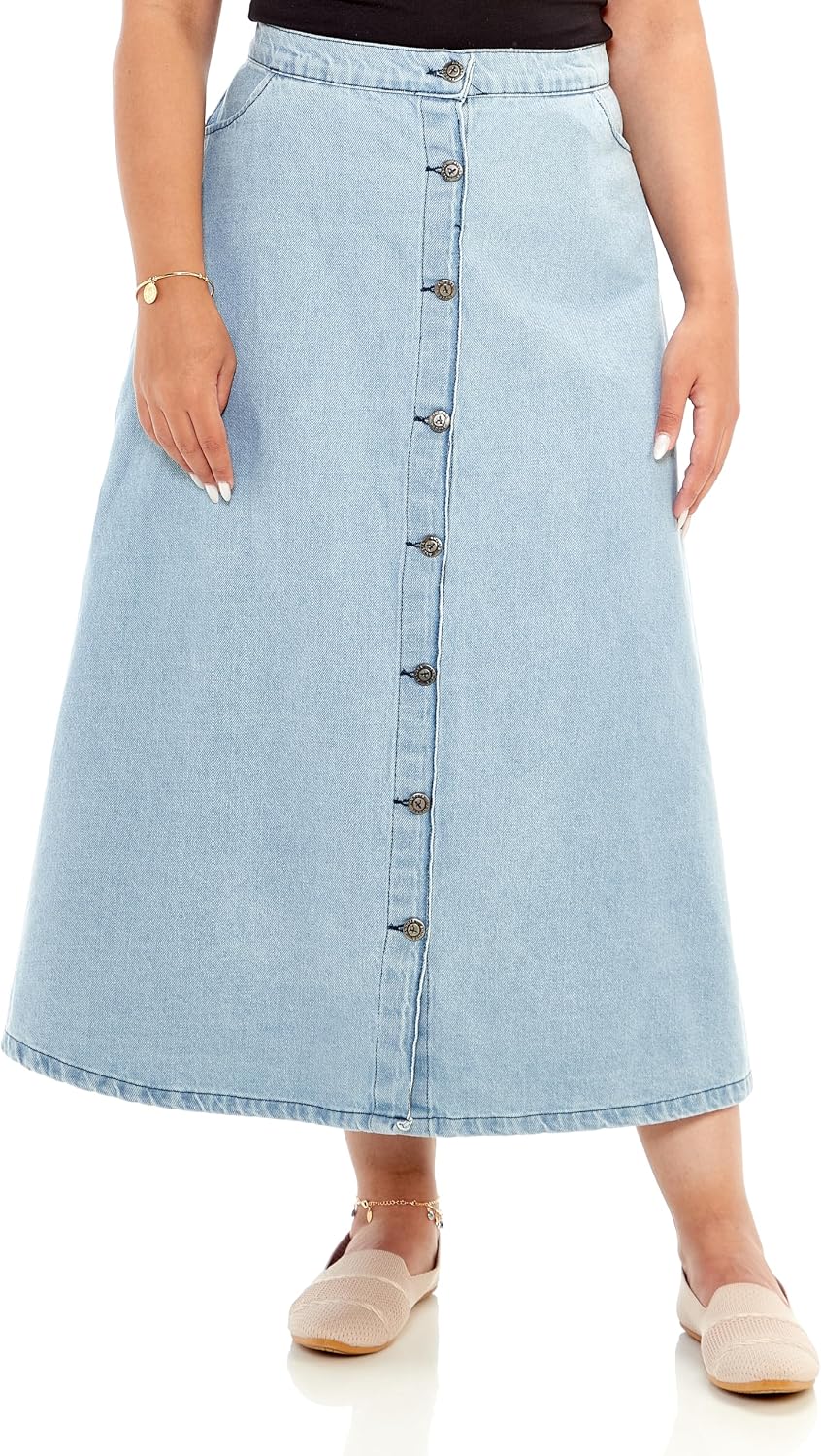 تنورة جينز ماكسي واسعة بأزرار للإغلاق من اندورا، بلون أزرق فاتح - مقاس اكس لارج XL